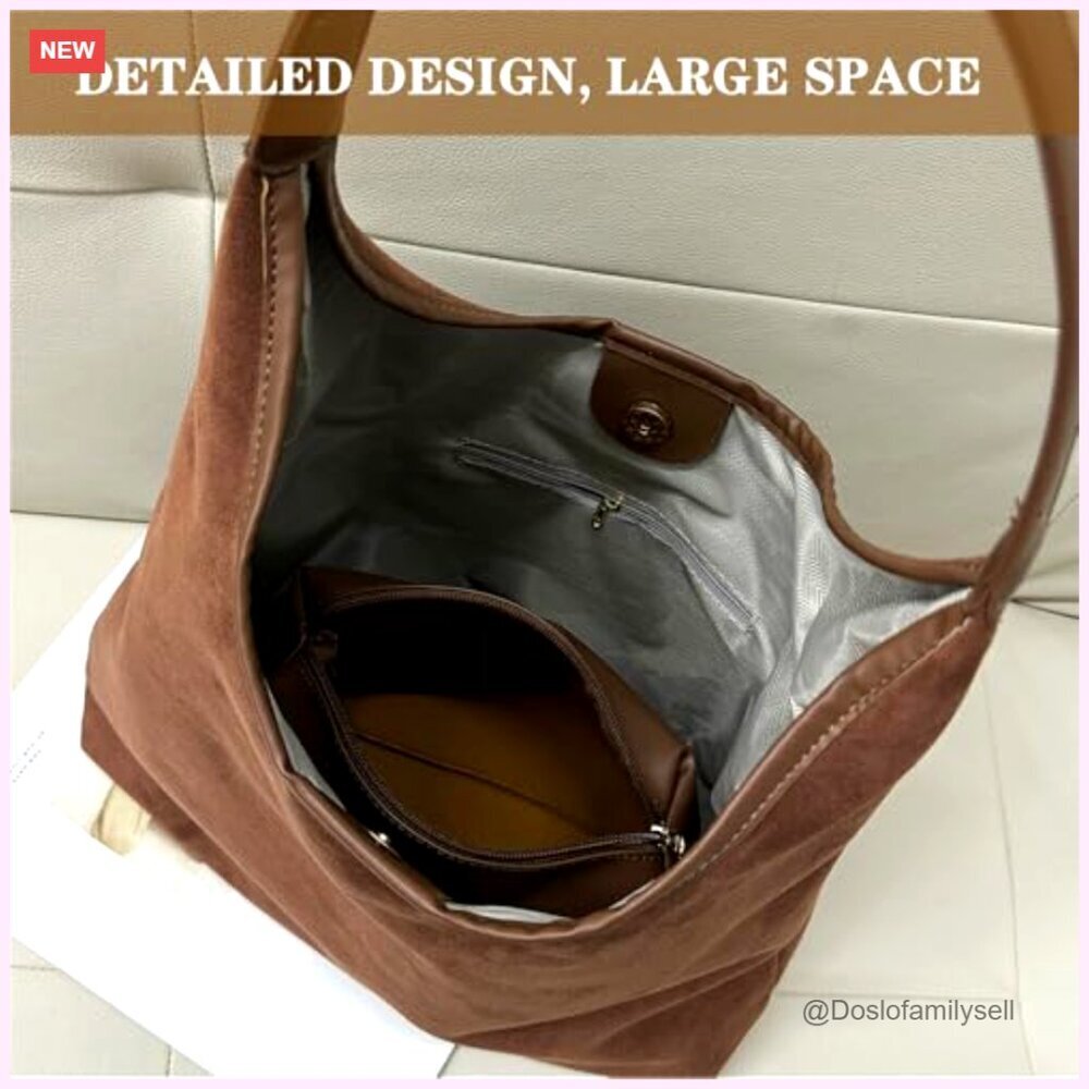 Suede Tote Bag Slouchy Shoulder Hobo Purse Minimal Chic Everyday - Picture 6 of 7